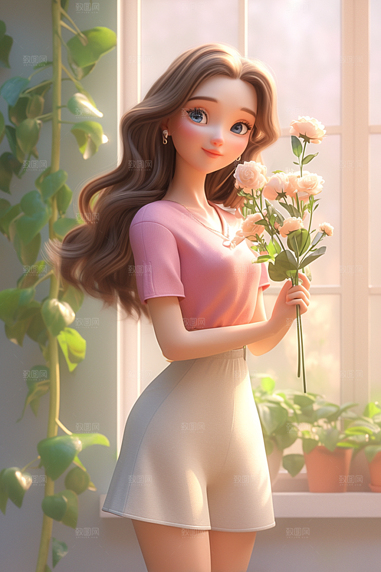 手捧鲜花的少女唯美自然素材