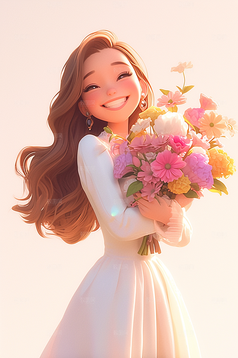 手捧鲜花的少女唯美自然素材