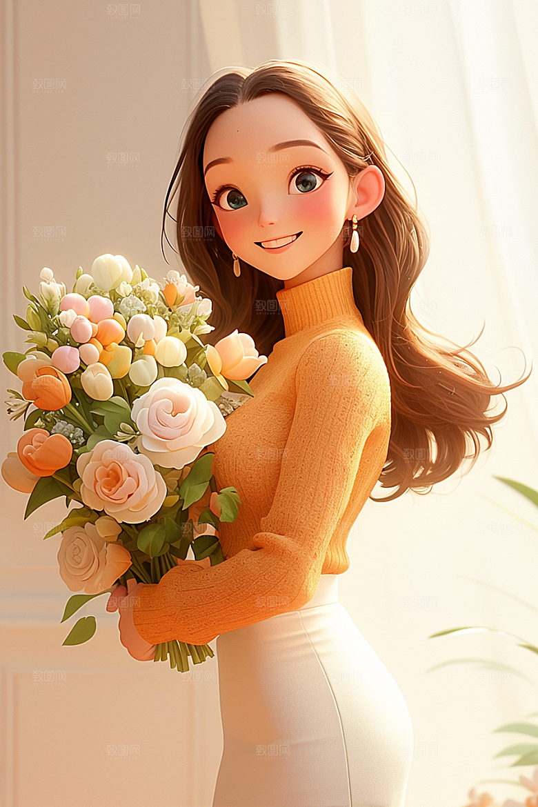 手捧鲜花的少女自然唯美素材