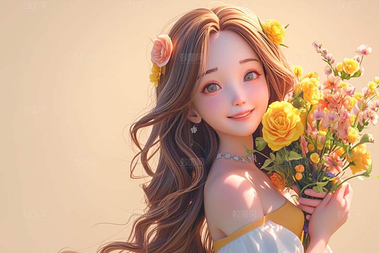 手捧鲜花的少女人物青春素材