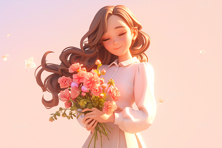手捧鲜花的少女花朵春天素材