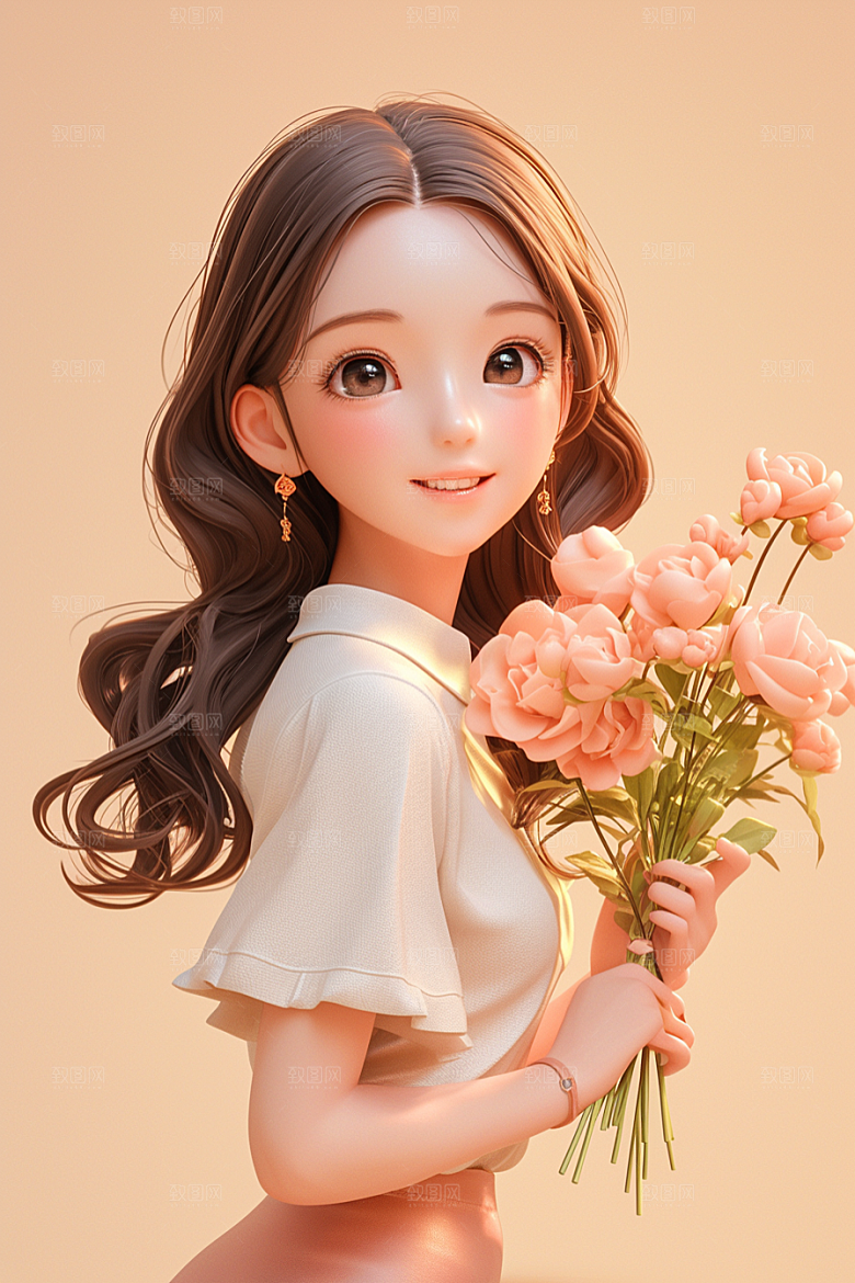 手捧鲜花的少女梦幻人物素材