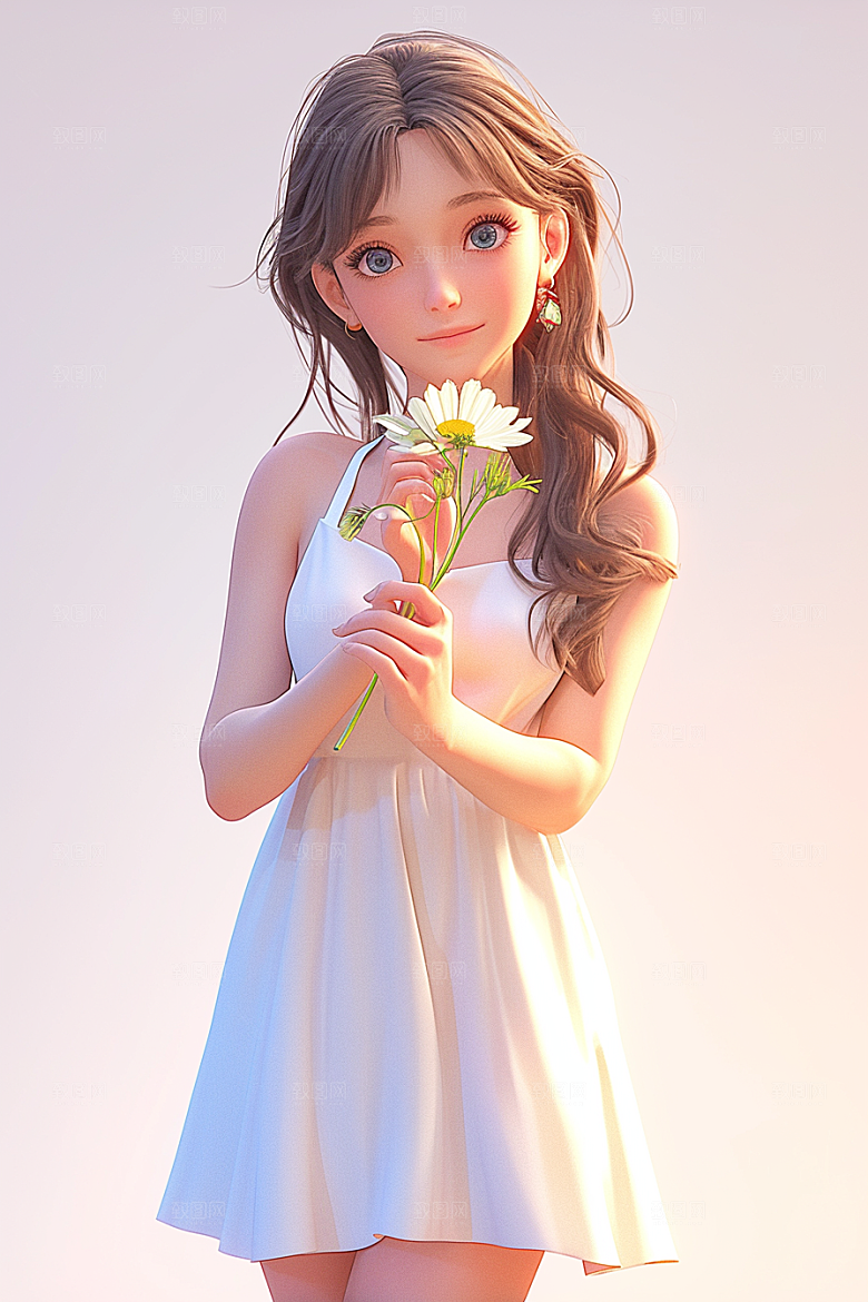 手捧鲜花的少女唯美3D素材