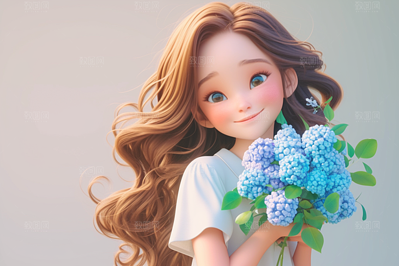 手捧鲜花的少女烂漫模型素材