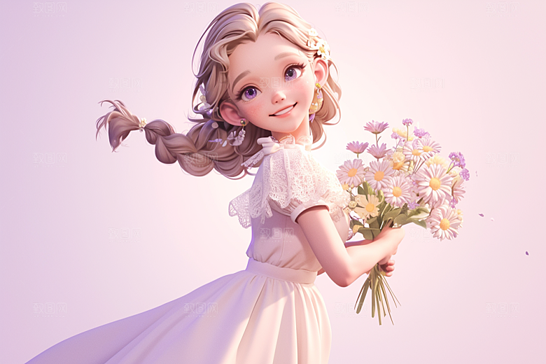 手捧鲜花的少女立体肖像素材