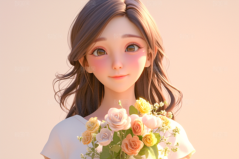 手捧鲜花的少女梦幻青春素材