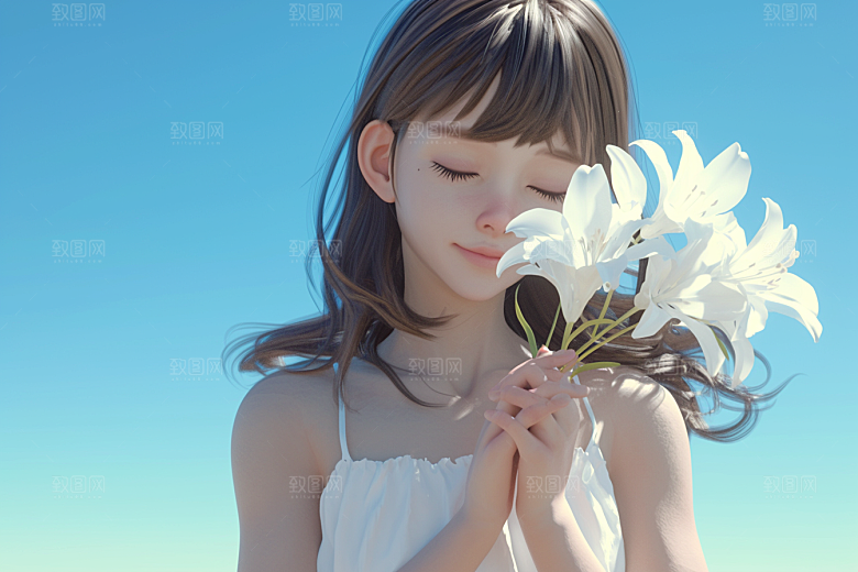 手捧鲜花的少女3D肖像素材