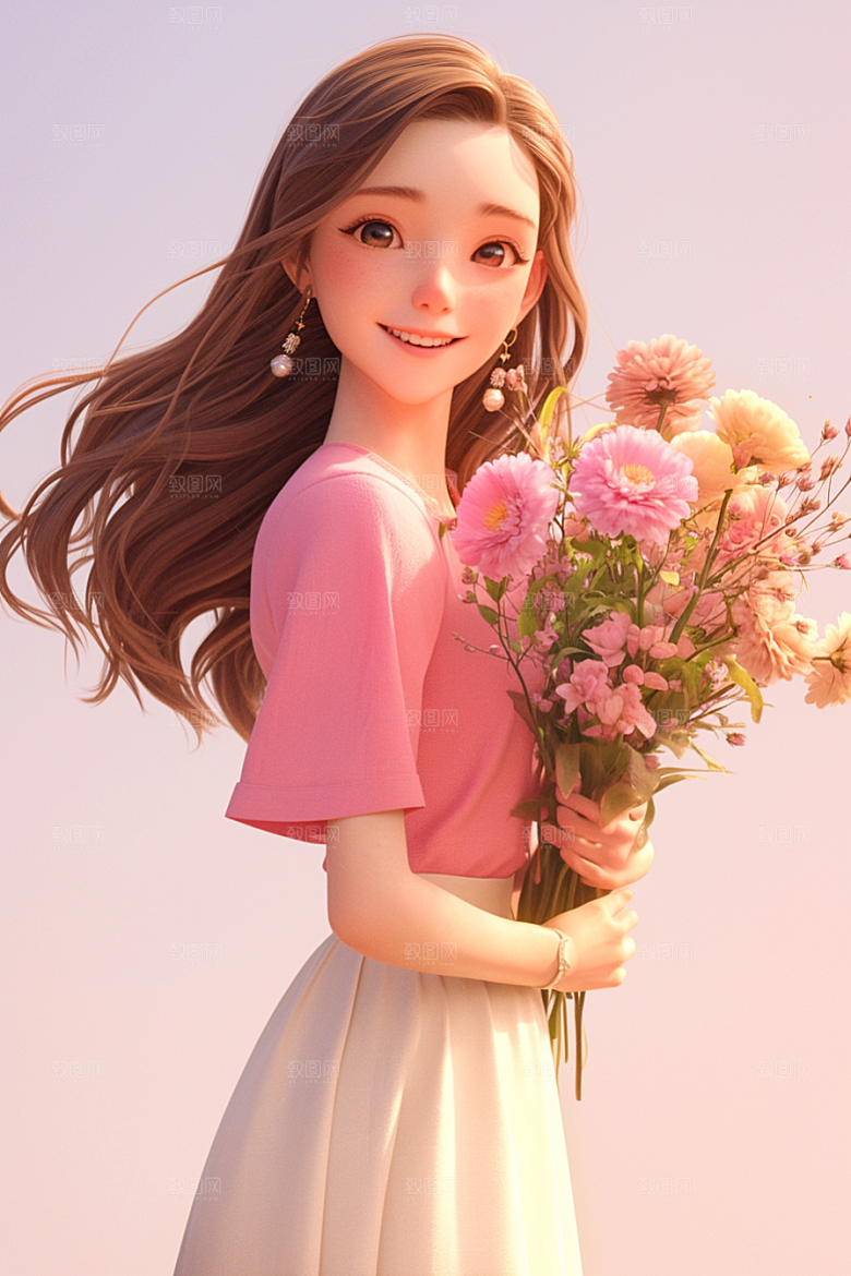 手捧鲜花的少女花朵3D素材