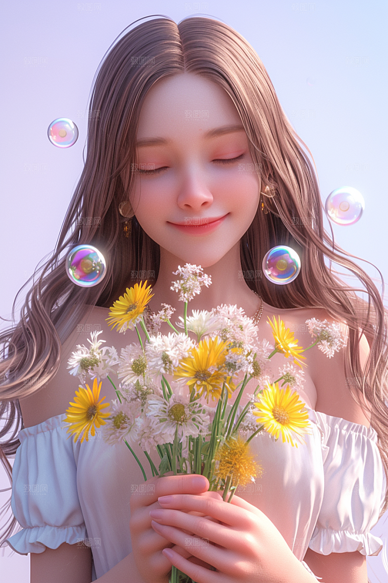 手捧鲜花的少女春天青春素材