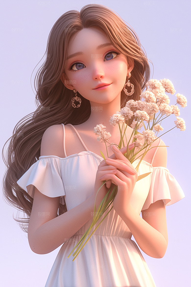 手捧鲜花的少女梦幻立体素材