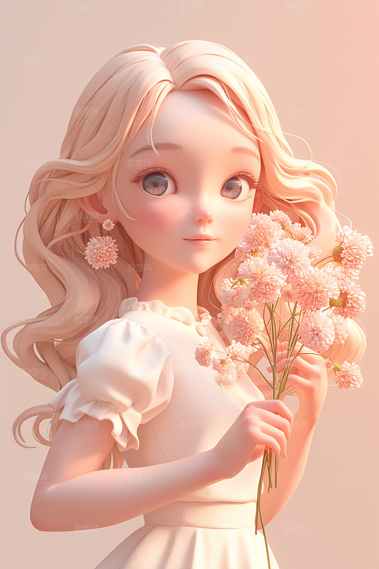 手捧鲜花的少女梦幻清新素材