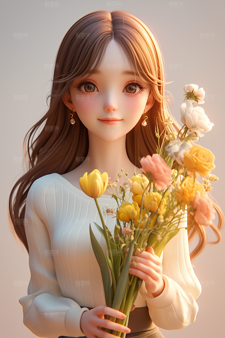 手捧鲜花的少女人物飞舞的裙摆素材
