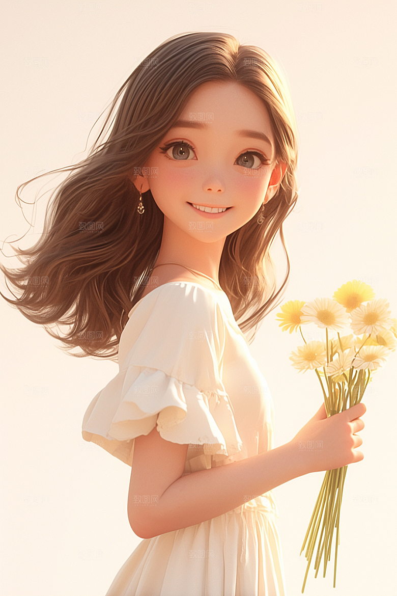 手捧鲜花的少女唯美自然素材