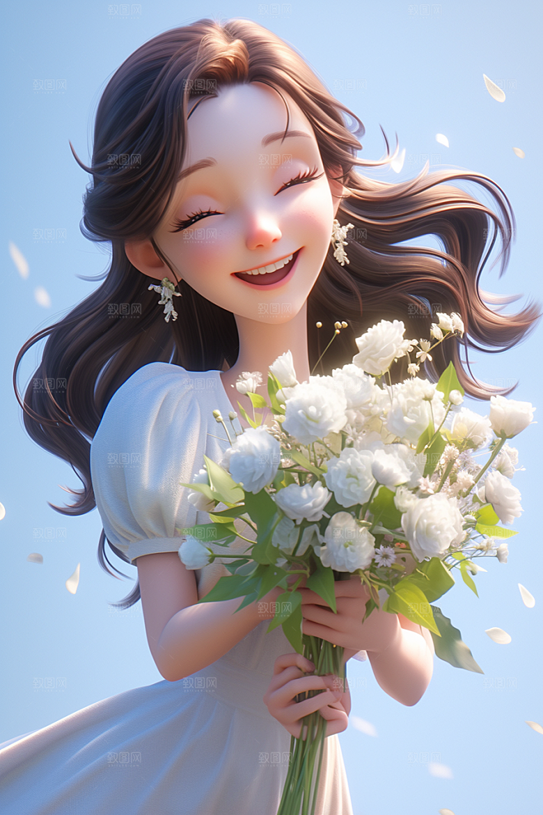 手捧鲜花的少女肖像唯美素材