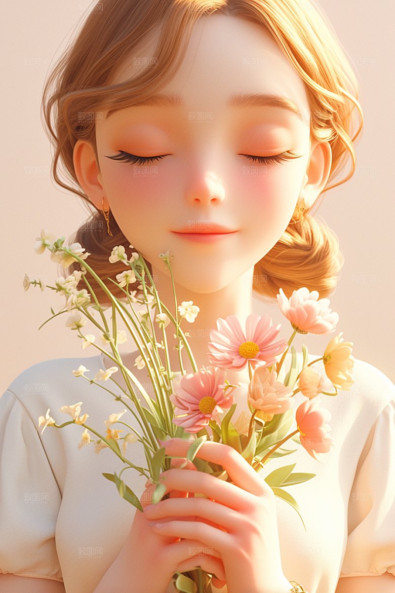 手捧鲜花的少女飞舞的裙摆立体素材