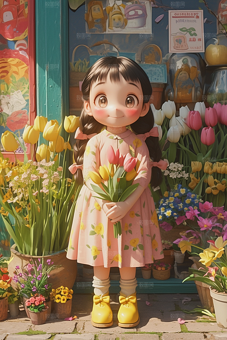 手捧鲜花的少女立体春天素材