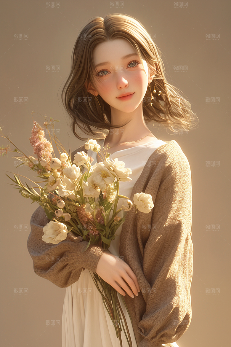 手捧鲜花的少女春天梦幻素材