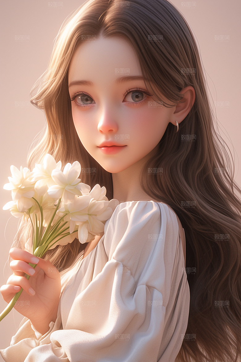 手捧鲜花的少女唯美自然素材