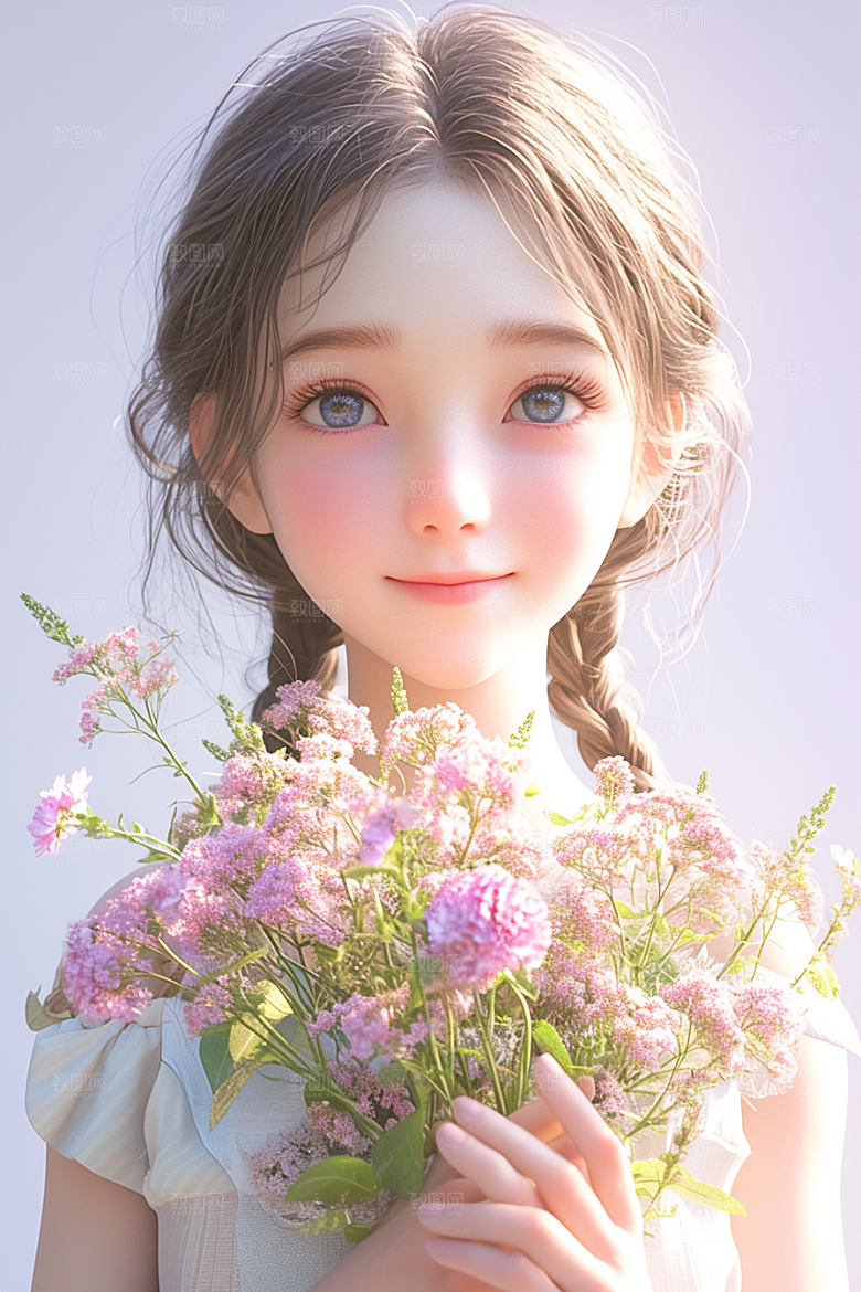 手捧鲜花的少女烂漫唯美素材