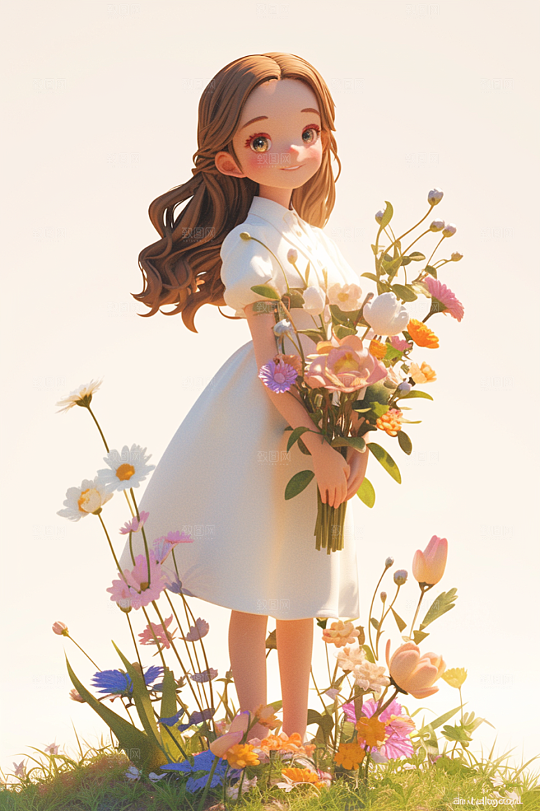 手捧鲜花的少女清新青春素材