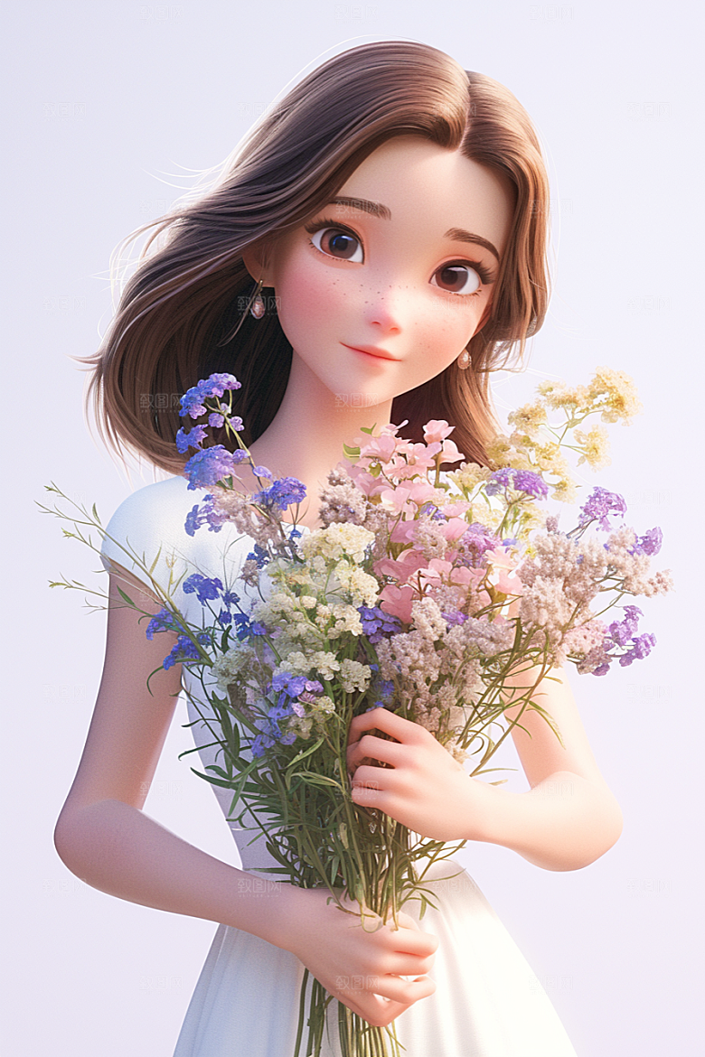 手捧鲜花的少女3D立体素材
