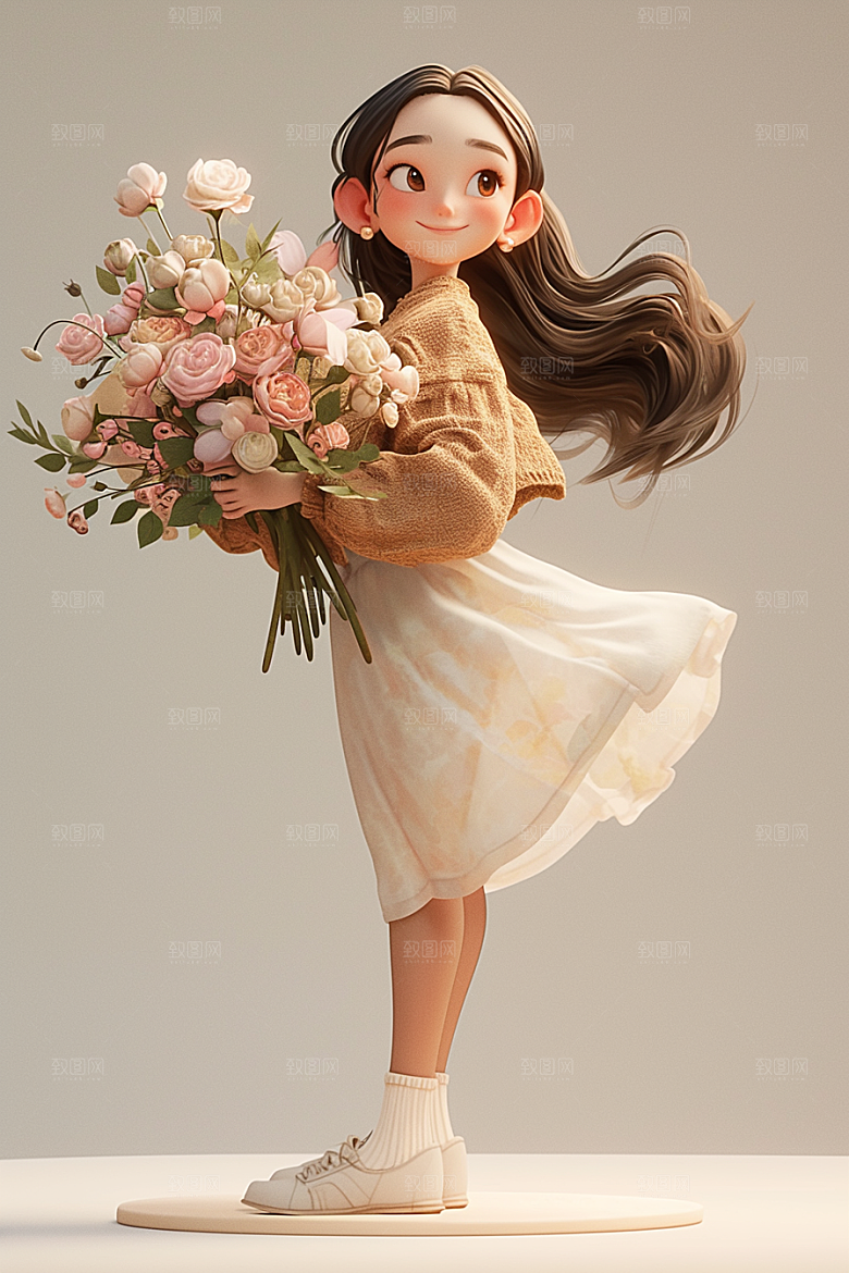 手捧鲜花的少女人物青春素材