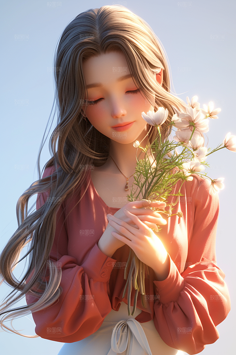 手捧鲜花的少女人物青春素材