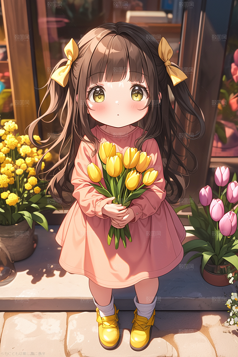 手捧鲜花的少女3D飞舞的裙摆素材