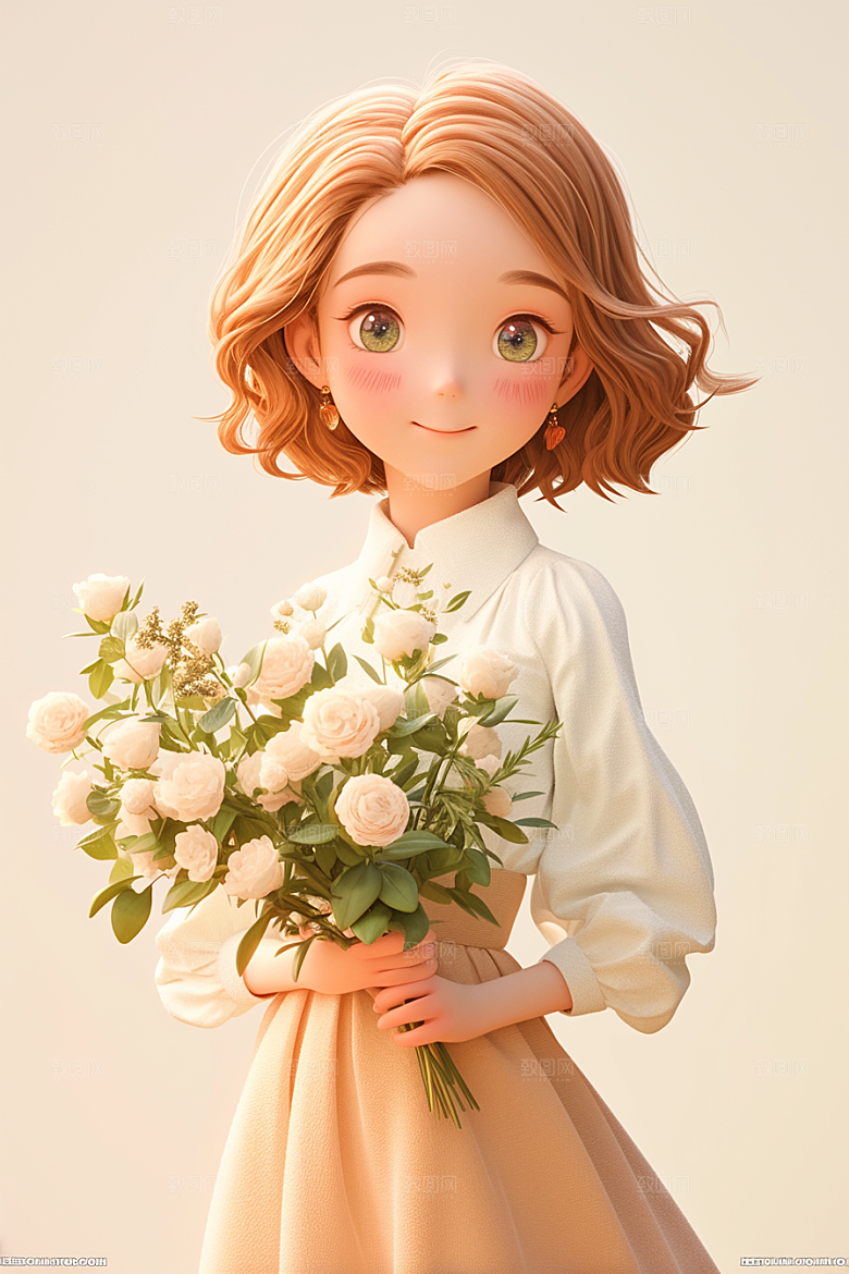 手捧鲜花的少女花朵人物素材