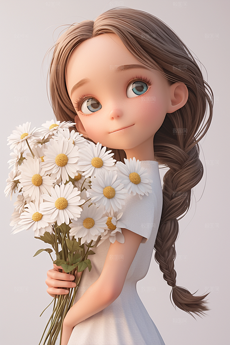 手捧鲜花的少女人物立体素材
