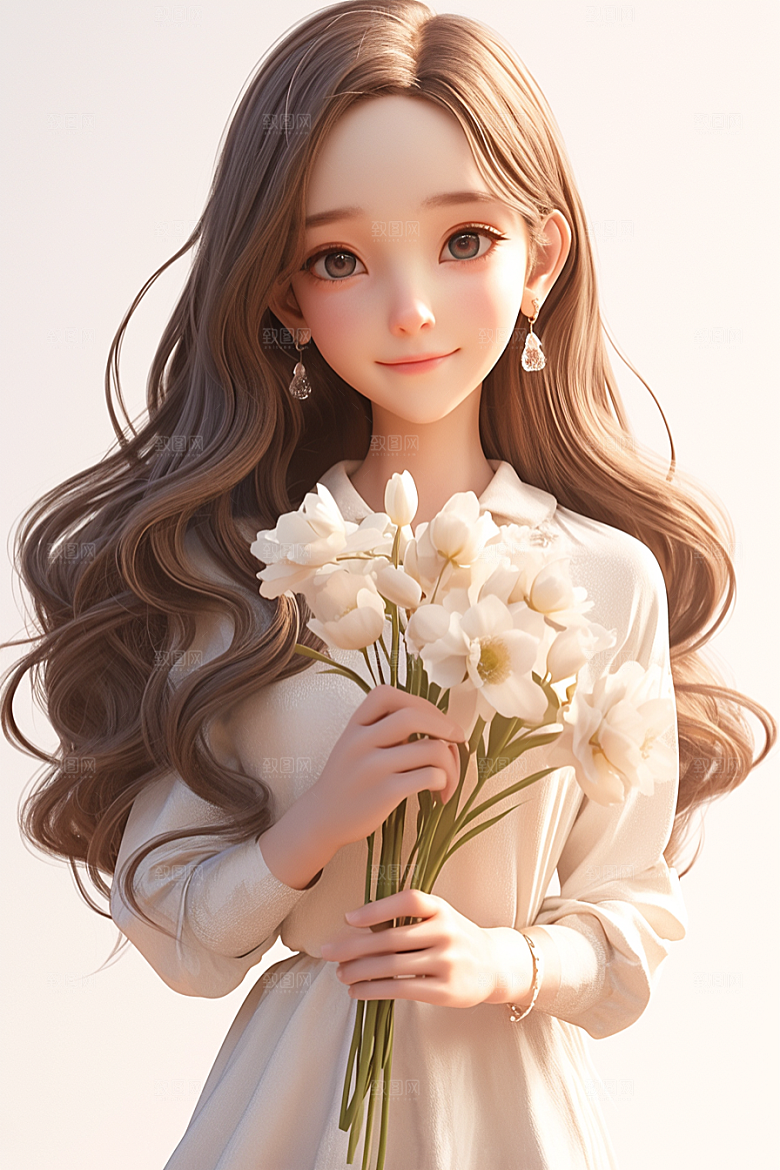 手捧鲜花的少女模型人物素材