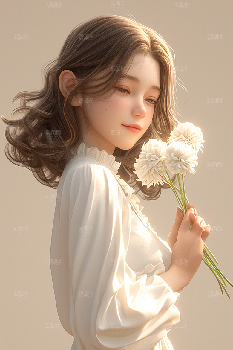 手捧鲜花的少女清新立体素材