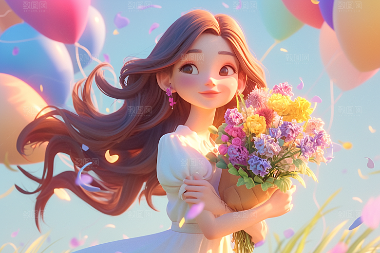 手捧鲜花的少女自然梦幻素材