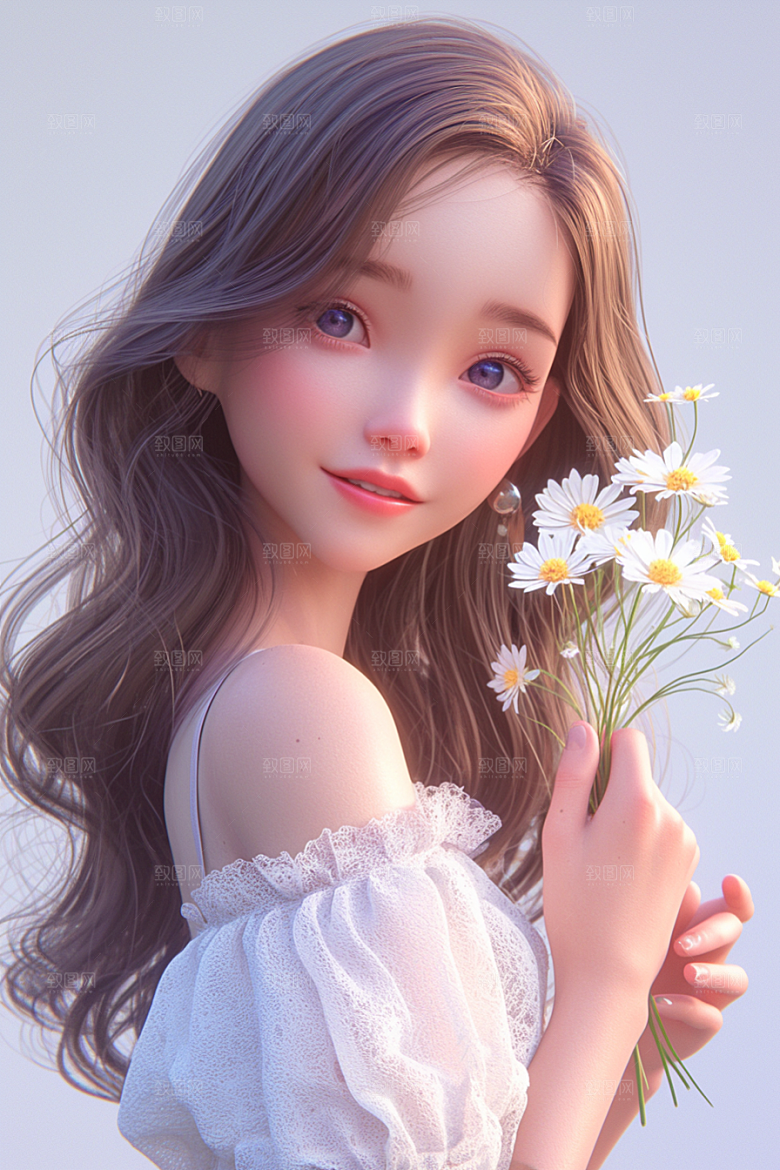 手捧鲜花的少女梦幻模型素材