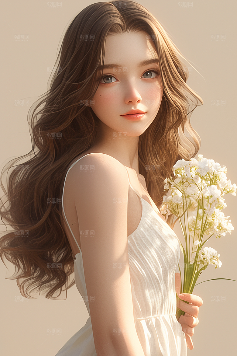 手捧鲜花的少女青春飞舞的裙摆素材
