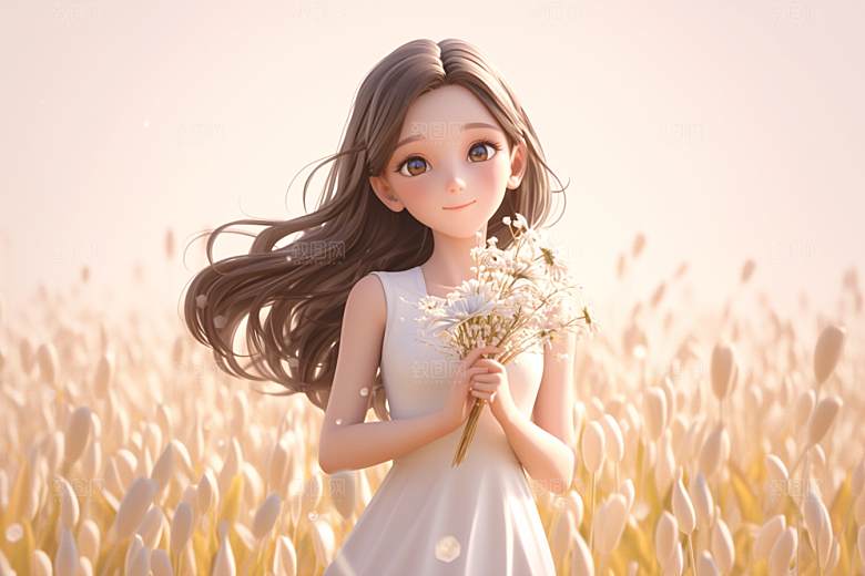 手捧鲜花的少女青春清新素材