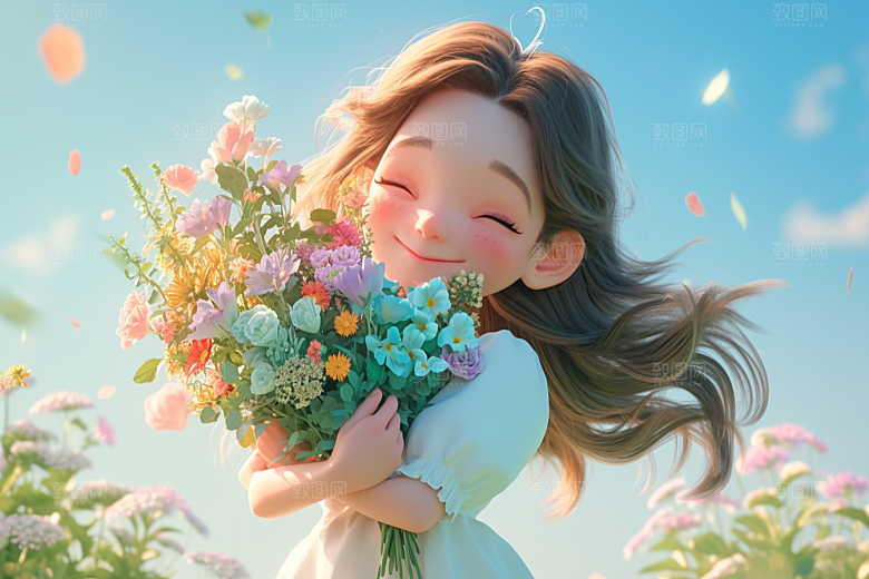 手捧鲜花的少女清新梦幻素材