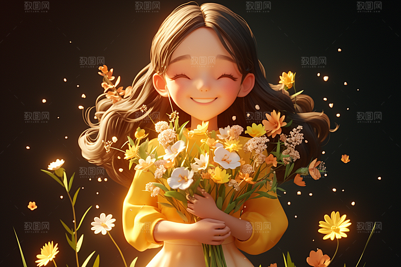 手捧鲜花的少女清新立体素材