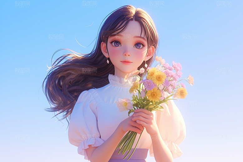 手捧鲜花的少女人物肖像素材