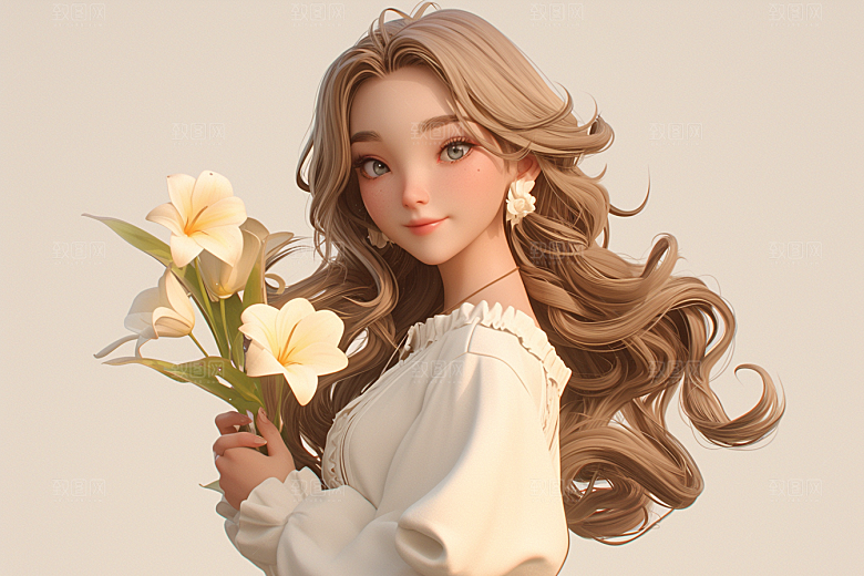 手捧鲜花的少女梦幻飞舞的裙摆素材