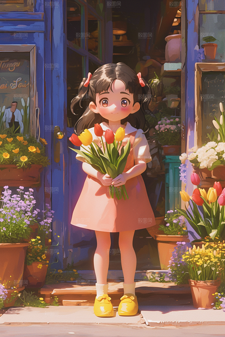 手捧鲜花的少女3D花朵素材