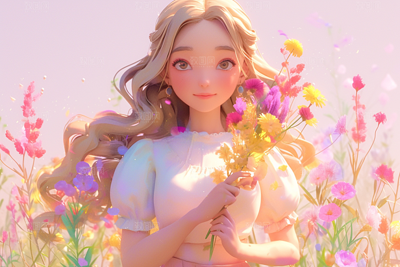 手捧鲜花的少女3D飞舞的裙摆素材