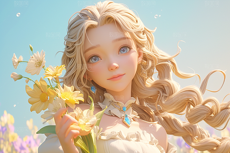 手捧鲜花的少女模型立体素材