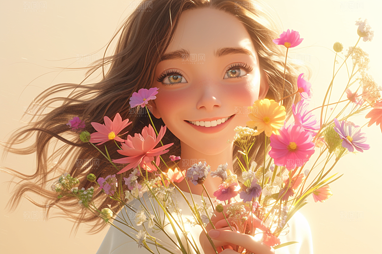 手捧鲜花的少女模型花朵素材