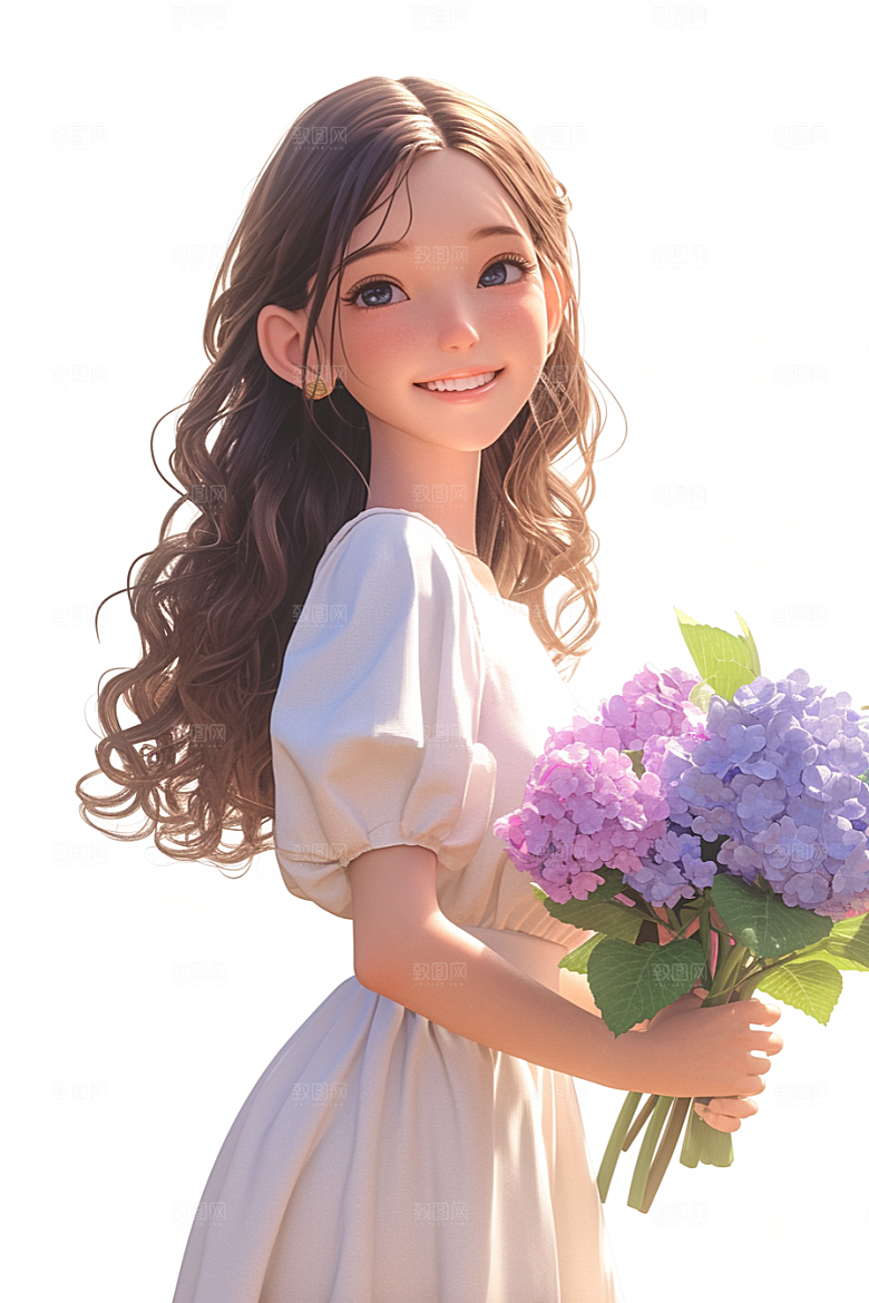 手捧鲜花的少女3D烂漫素材