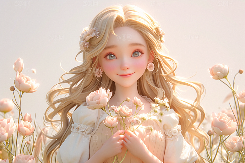 手捧鲜花的少女3D烂漫素材
