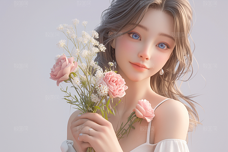 手捧鲜花的少女立体花朵素材