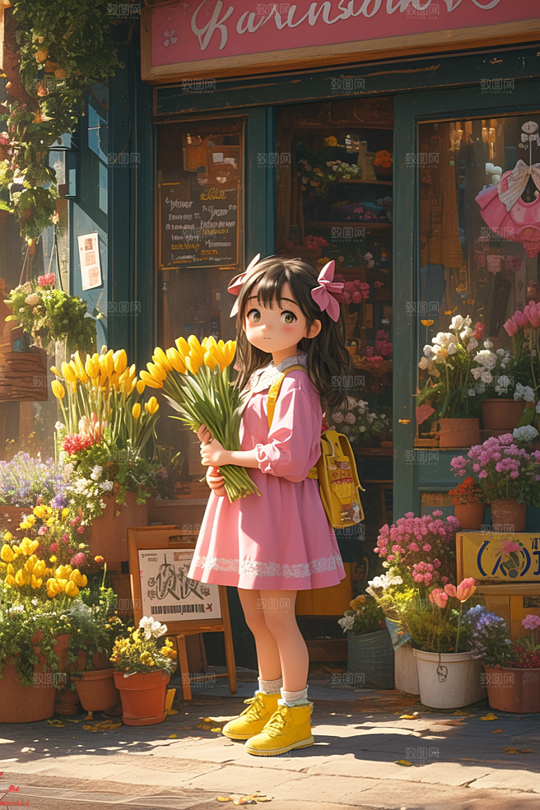 手捧鲜花的少女肖像3D素材