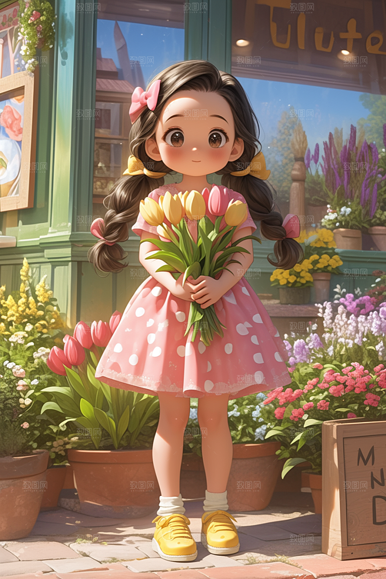 手捧鲜花的少女梦幻自然素材
