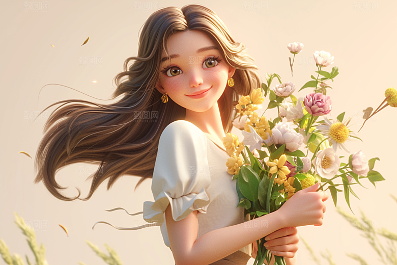 手捧鲜花的少女人物青春素材